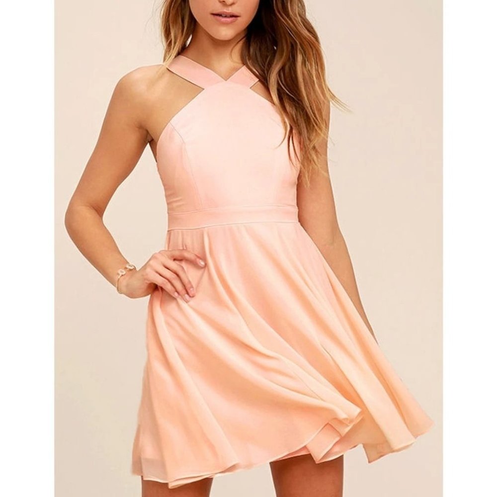 Lulus Womens Taupe Skater Dress Back Zip #D15376S Peach Size Medium